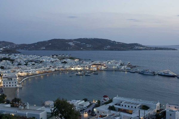 Greece, Mykonos, Hora Evening overlooking harbor